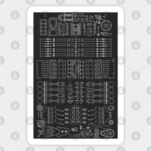 V8 Teardown (White) Magnet by AutomotiveArt